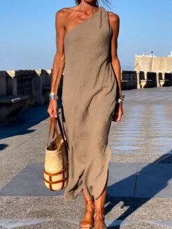 Women's Casual Dress Cotton Linen Dress Shift Dress Midi Dress Linen / Cotton Blend Fashion Basic Outdoor Daily Vacation One Shoulder Split Sleeveless Summer Spring Fall 2023 Loose Fit Khaki Plain S