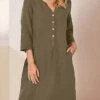 Women's Casual Dress Cotton Linen Dress Shift Dress Midi Dress Cotton Fashion Traditional / Vintage Outdoor Daily Vacation V Neck Button 3/4 Length Sleeve Fall Winter Autumn 2023 Loose Fit Wine Navy