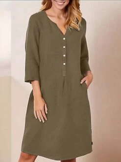 Women's Casual Dress Cotton Linen Dress Shift Dress Midi Dress Cotton Fashion Traditional / Vintage Outdoor Daily Vacation V Neck Button 3/4 Length Sleeve Fall Winter Autumn 2023 Loose Fit Wine Navy