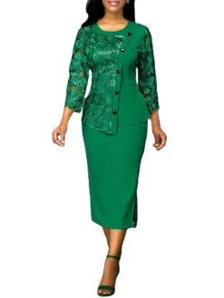 Women's Dress Set Two Piece Dress Skirt Set Long Dress Maxi Dress Red Blue Green 3/4 Length Sleeve Pure Color Lace Fall Winter Autumn Crew Neck Stylish Slim 2023 S M L XL XXL 3XL 4XL 5XL