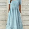 Women's Casual Dress Cotton Linen Dress Swing Dress Midi Dress Cotton Blend Basic Modern Outdoor Daily Crew Neck Lace Ruched Short Sleeve Summer Spring 2023 Loose Fit Blue Plain S M L XL 2XL