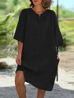 Women's Casual Dress Cotton Linen Dress Midi Dress Linen / Cotton Blend Daily Casual Daily Outdoor Vacation Weekend Crew Neck Button Pocket 3/4 Length Sleeve Summer Spring Fall 2023 Loose Fit Black -HAYz Clothing Shop kouujp1689762275958