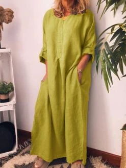 Women's Casual Dress Cotton Linen Dress Shift Dress Maxi Long Dress Bamboo Fashion Modern Outdoor Daily Vacation Crew Neck Pocket Long Sleeve Summer Spring Fall 2023 Regular Fit Black Yellow Wine -HAYz Clothing Shop kovvpj1682673906121