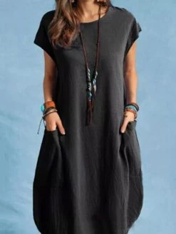 Women's Cotton Linen Dress Casual Dress Shift Dress Midi Dress Cotton And Linen Casual Classic Outdoor Daily Vacation Crew Neck Pocket Short Sleeve Summer Spring Fall 2023 Regular Fit Black White -HAYz Clothing Shop kpkawb1652429727628