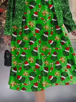 Women's Christmas Plus Size Curve Christmas Dress Party Dress Sequin Dress Graphic Midi Dress Long Sleeve Print Crew Neck Fashion Outdoor Green Fall Winter L XL XXL 3XL 4XL -HAYz Clothing Shop kprryj1697613936309