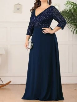 Women's Plus Size Curve Party Dress Sequin Dress Chiffon Dress Plain Long Dress Maxi Dress 3/4 Length Sleeve Patchwork V Neck Fashion Party Navy Blue Fall Winter L XL XXL 3XL 4XL -HAYz Clothing Shop kpwaxv1697193154625