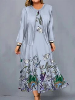 Women's Plus Size Curve Casual Dress Dress Set Two Piece Dress Floral Midi Dress Long Sleeve Print Crew Neck Fashion Outdoor Pink Blue Fall Winter L XL XXL 3XL 4XL -HAYz Clothing Shop kpzvqe1697023580976