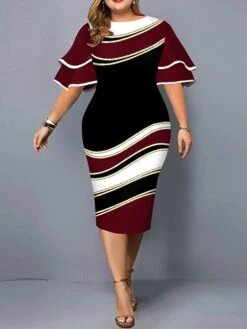 Women‘s Plus Size Curve Work Dress Bodycon Sheath Dress Color Block Midi Dress Half Sleeve Ruffle Crew Neck Fashion Outdoor Wine Red Fall Spring XL XXL 3XL 4XL 5XL -HAYz Clothing Shop kqaibk1673251736711