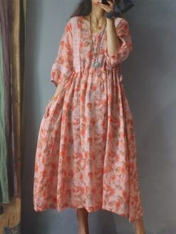 Women's Casual Dress Cotton Linen Dress Swing Dress Midi Dress Polyester Daily Casual Outdoor Daily Vacation Crew Neck Print 3/4 Length Sleeve Fall Autumn 2023 Loose Fit Orange Floral M L XL 2XL