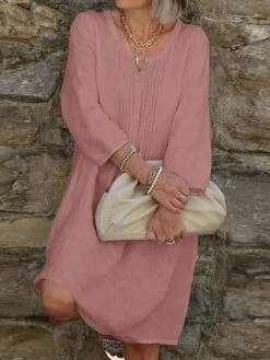 Women's Casual Dress Cotton Linen Dress Shift Dress Midi Dress Cotton Blend Basic Modern Outdoor Daily Vacation V Neck Ruched Basic 3/4 Length Sleeve Summer Spring Fall 2023 Loose Fit White Pink Red -HAYz Clothing Shop kqkbpe1691030555975