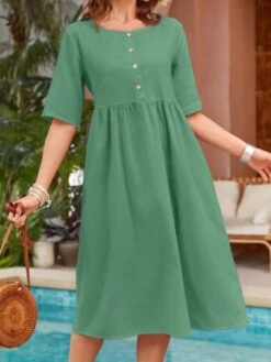 Women's Casual Dress Cotton Linen Dress Swing Dress Midi Dress Linen / Cotton Blend Fashion Modern Outdoor Daily Holiday Crew Neck Button Pocket Half Sleeve Summer Spring Fall 2023 Loose Fit Pink -HAYz Clothing Shop kqmthk1689326684535