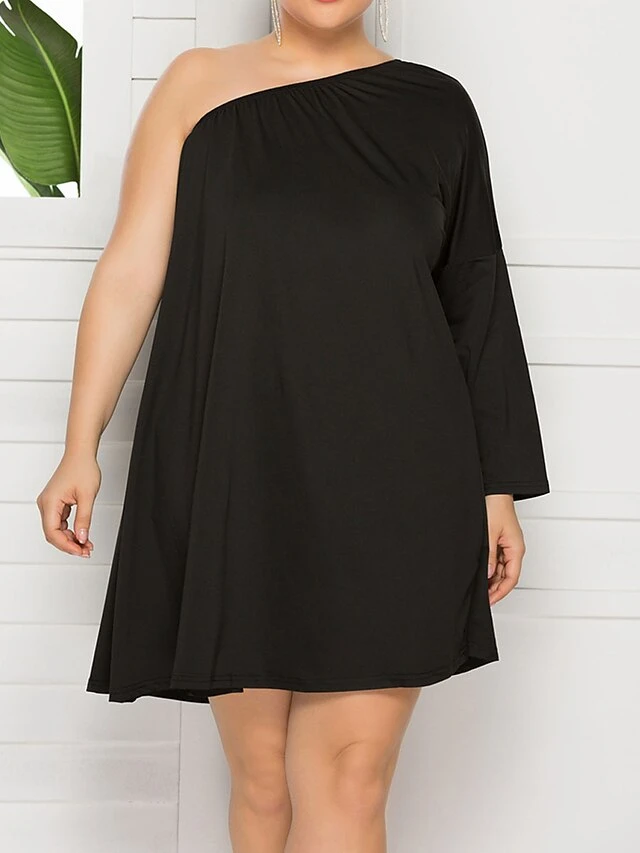 Women's Plus Size Curve Casual Dress Swing Dress Black Dress Plain Mini Dress Long Sleeve One Shoulder Fashion Daily Black Fall Winter L XL XXL 3XL 4XL 3 Women's Plus Size Curve Casual Dress Swing Dress Black Dress Plain Mini Dress Long Sleeve One Shoulder Fashion Daily Black Fall Winter L XL XXL 3XL 4XL - Image 3