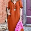 Women's Casual Dress Cotton Linen Dress Shift Dress Maxi Long Dress Cotton Basic Classic Outdoor Daily Vacation V Neck Pocket Short Sleeve Summer Spring 2023 Loose Fit Sky Blue Orange Brown Plain S M