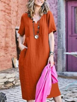Women's Casual Dress Cotton Linen Dress Shift Dress Maxi Long Dress Cotton Basic Classic Outdoor Daily Vacation V Neck Pocket Short Sleeve Summer Spring 2023 Loose Fit Sky Blue Orange Brown Plain S M