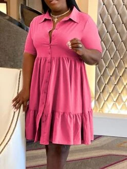 Women‘s Plus Size Curve Shirt Dress Solid Color Shirt Collar Ruffle Half Sleeve Spring Summer Casual Knee Length Dress Daily Holiday Dress -HAYz Clothing Shop kqtcke1656491038948