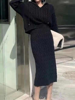 Women's Two Piece Dress Set Casual Dress Skirt Set Outdoor Daily Fashion Streetwear Patchwork Midi Dress Hooded Long Sleeve Plain Loose Fit Black Khaki Apricot Fall Winter One-Size -HAYz Clothing Shop krbgnn1695722093809