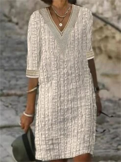 Women's Casual Dress Cotton Linen Dress Lace Dress Midi Dress Lace Fashion Modern Outdoor Daily Vacation V Neck Lace Half Sleeve Summer Spring Fall 2023 Loose Fit Black White Apricot Plain S M L XL -HAYz Clothing Shop krcewj1693306388016