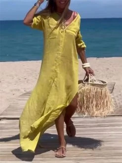 Women's Casual Dress Cotton Linen Dress Maxi Long Dress Cotton Blend Fashion Classic Outdoor Daily Vacation V Neck Button Pocket 3/4 Length Sleeve Summer Spring Fall 2023 Loose Fit Yellow Blue Purple