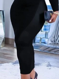 Women's Plus Size Curve Party Dress Bodycon Sheath Dress Plain Long Dress Maxi Dress Long Sleeve Mesh Cut Out Crew Neck Fashion Party Black Fall Winter L XL XXL 3XL 4XL -HAYz Clothing Shop krimec1694151478081