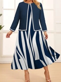 Women‘s Plus Size Curve Two Piece Dress Set Casual Dress Swing Dress Outdoor Office Fashion Streetwear Print Midi Dress Crew Neck Long Sleeve Geometric Color Block Regular Fit Black Navy Blue -HAYz Clothing Shop krlttr1692078973090