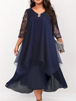Women‘s Plus Size Curve Work Dress Chiffon Dress Swing Dress Solid Color Long Dress Maxi Dress 3/4 Length Sleeve Lace Layered V Neck Fashion Outdoor Wine Dark Blue Summer Spring L XL XXL 3XL 4XL