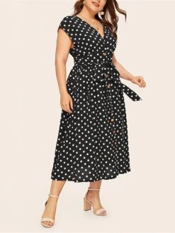 Women‘s Plus Size Curve Flattering Dresses Elegant Apple Shaped Dress Casual Dress A Line Dress Polka Dot Midi Dress Sleeveless Print V Neck Fashion Daily Black White Spring Summer Dress -HAYz Clothing Shop krwniz1672800407694