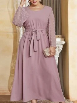 Women's Plus Size Prom Dress Party Dress Wedding Guest Dress Midi Dress Light Purple Long Sleeve Pure Color Lace Up Fall Winter Autumn Crew Neck Fashion Winter Dress Evening Party Wedding Guest 2023 -HAYz Clothing Shop krxlvk1693535305669