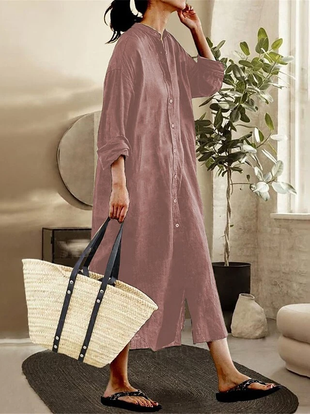 Women's Shirt Dress Casual Dress Cotton Linen Dress Maxi Long Dress Linen / Cotton Blend Basic Classic Outdoor Daily Vacation Crew Neck Button Long Sleeve Spring Fall Winter 2023 Loose Fit ArmyGreen 4 Women's Shirt Dress Casual Dress Cotton Linen Dress Maxi Long Dress Linen / Cotton Blend Basic Classic Outdoor Daily Vacation Crew Neck Button Long Sleeve Spring Fall Winter 2023 Loose Fit ArmyGreen - Image 4