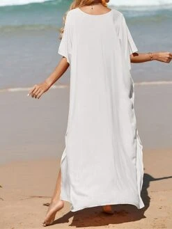 Women's White Dress A Line Dress Cover Up Long Dress Maxi Dress Cotton Basic Casual Outdoor Daily Vacation V Neck Split 3/4 Length Sleeve Summer Spring Fall 2022 Loose Fit Black White Yellow Plain -HAYz Clothing Shop ksffpe1672828145348