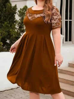 Women's Plus Size Curve Party Dress Lace Dress Semi Formal Dress Solid Color Midi Dress Short Sleeve Lace Crew Neck Fashion Party ArmyGreen Black Fall Winter XL XXL 3XL 4XL -HAYz Clothing Shop kskkba1695813614898