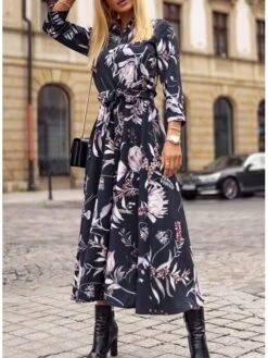 Women's Sheath Dress Midi Dress Black Yellow Light Brown Long Sleeve Polka Dot Split Winter Fall Autumn Shirt Collar Winter Dress Fall Dress Loose Fit S M L XL XXL -HAYz Clothing Shop kstdil1616744410576