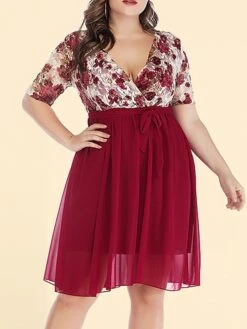 Women‘s Plus Size Curve Party Dress Cocktail Dress Wedding Guest Dress Midi Dress Black Wine Short Sleeve Floral Lace Up Summer Spring Fall V Neck Fashion Birthday Wedding Guest Vacation 2023 -HAYz Clothing Shop kswybf1691399399391