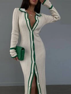 Women's Shirt Dress Casual Dress Sheath Dress Maxi Long Dress Outdoor Daily Date Polyester Basic Classic Shirt Collar Patchwork Button Long Sleeve Spring Fall Winter 2023 Slim Blue Green Rose Red Line -HAYz Clothing Shop ktbptz1695353477485