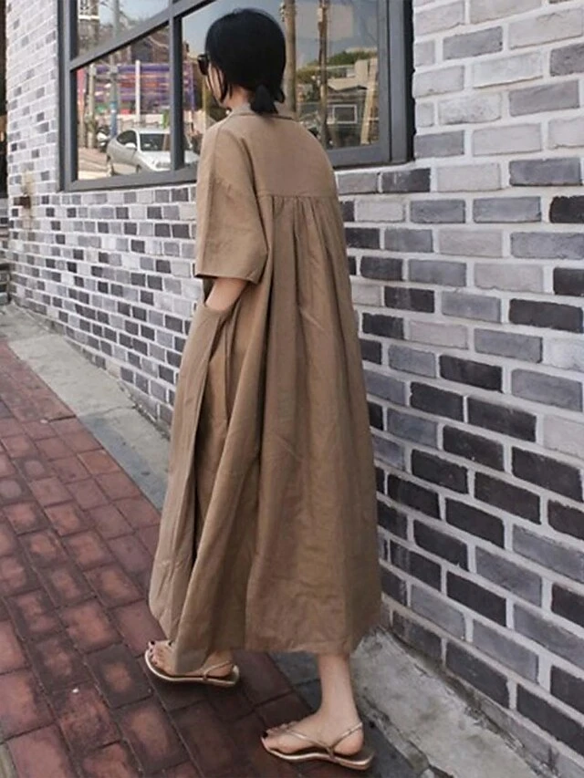 Women's Casual Dress Cotton Dress Swing Dress Cotton Blend Fashion Daily Date Vacation Weekend V Neck Baggy Short Sleeve White Navy Blue Khaki S M L XL 2XL 4 Women's Casual Dress Cotton Dress Swing Dress Cotton Blend Fashion Daily Date Vacation Weekend V Neck Baggy Short Sleeve White Navy Blue Khaki S M L XL 2XL - Image 4