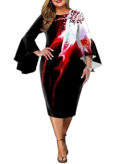 Women‘s Plus Size Curve Party Dress Floral Crew Neck Ruffle Long Sleeve Fall Spring Elegant Prom Dress Knee Length Dress Formal Going Out Dress Work Dress Print -HAYz Clothing Shop kteasm1637056701012