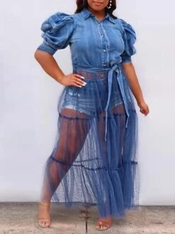 Women‘s Plus Size Curve Holiday Dress Solid Color Shirt Collar Mesh Long Sleeve Fall Spring Basic Casual Preppy Maxi Long Dress Casual Daily DressCotton