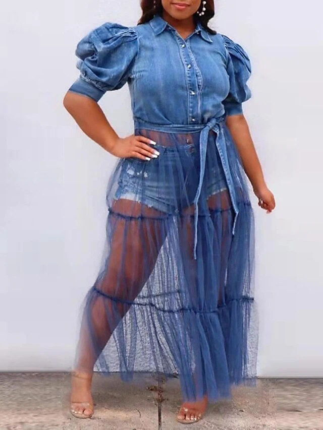 Women‘s Plus Size Curve Holiday Dress Solid Color Shirt Collar Mesh Long Sleeve Fall Spring Basic Casual Preppy Maxi Long Dress Casual Daily DressCotton 1 Women‘s Plus Size Curve Holiday Dress Solid Color Shirt Collar Mesh Long Sleeve Fall Spring Basic Casual Preppy Maxi Long Dress Casual Daily DressCotton