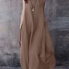 Women's Cotton Linen Dress Casual Dress Swing Dress Maxi Long Dress Cotton Blend Basic Casual Outdoor Daily Holiday Boat Neck Pocket Sleeveless Summer Spring 2023 Loose Fit Purple Brown Dark Blue