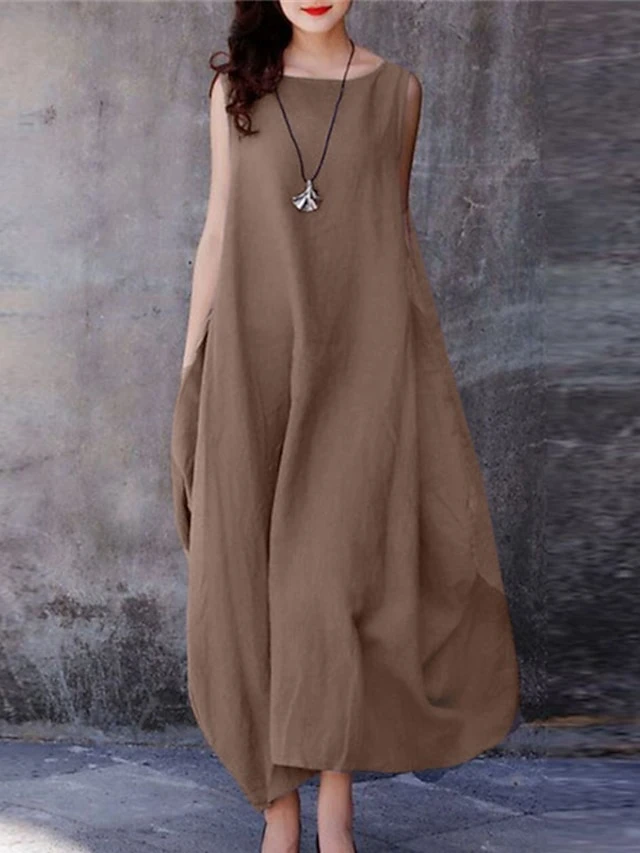 Women's Cotton Linen Dress Casual Dress Swing Dress Maxi Long Dress Cotton Blend Basic Casual Outdoor Daily Holiday Boat Neck Pocket Sleeveless Summer Spring 2023 Loose Fit Purple Brown Dark Blue 1 Women's Cotton Linen Dress Casual Dress Swing Dress Maxi Long Dress Cotton Blend Basic Casual Outdoor Daily Holiday Boat Neck Pocket Sleeveless Summer Spring 2023 Loose Fit Purple Brown Dark Blue