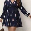 Women's Plus Size Curve Work Dress Sheath Dress Semi Formal Dress Fashion Mini Dress Lace Up Print V Neck Long Sleeve Print Loose Fit Black Blue Fall Winter L XL XXL 3XL 4XL