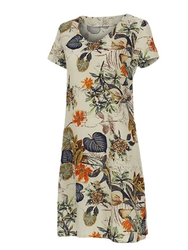 Women's Casual Dress Cotton Linen Dress A Line Dress Midi Dress Cotton Blend Basic Classic Outdoor Daily Vacation V Neck Short Sleeve Summer Spring 2023 Loose Fit Apricot Leaf Floral M L XL 2XL 3 Women's Casual Dress Cotton Linen Dress A Line Dress Midi Dress Cotton Blend Basic Classic Outdoor Daily Vacation V Neck Short Sleeve Summer Spring 2023 Loose Fit Apricot Leaf Floral M L XL 2XL - Image 3