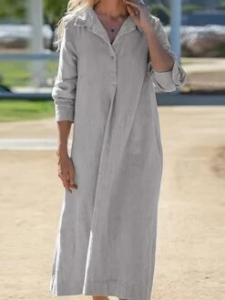 Women's Shirt Dress Casual Dress Cotton Linen Dress Maxi Long Dress Cotton Basic Classic Outdoor Daily Vacation Shirt Collar Button Split Long Sleeve Summer Spring Fall 2023 Loose Fit Wine Navy Blue