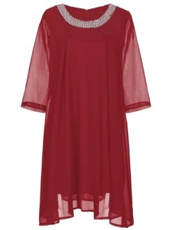 Women‘s Plus Size Curve Work Dress Chiffon Dress Swing Dress Fashion Midi Dress Layered Fake Two Piece Crew Neck 3/4 Length Sleeve Plain Regular Fit Black Red Navy Blue Summer Spring -HAYz Clothing Shop kueyio1691042502681