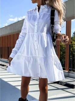 Women's Shirt Dress Casual Dress Swing Dress Midi Dress Outdoor Daily Vacation Cotton Basic Modern Shirt Collar Ruffle Button Long Sleeve Fall Winter 2023 Regular Fit ArmyGreen Black White Pure Color -HAYz Clothing Shop kuhedl1695813922850