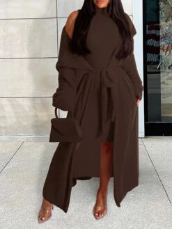 Women's Two Piece Dress Set Casual Dress Sheath Dress Daily Going Out Fashion Streetwear Lace Up Midi Dress Stand Collar Long Sleeve Plain Slim Black Yellow Wine Fall Winter S M L XL XXL -HAYz Clothing Shop kupzao1693295536982