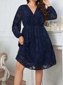 Women's Plus Size Curve Party Dress Lace Dress Wedding Guest Dress Midi Dress Dark Blue Long Sleeve Flower Lace Spring Fall Winter V Neck Fashion Evening Party Wedding Guest XL XXL 3XL 4XL -HAYz Clothing Shop kuveei1692947439045