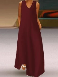 Women's Casual Dress Cotton Linen Dress Swing Dress Maxi Long Dress Cotton Blend Basic Modern Outdoor Daily Vacation V Neck Basic Sleeveless Summer Spring 2023 Regular Fit Black Wine Khaki Plain S M -HAYz Clothing Shop kvaqrx1686038679598