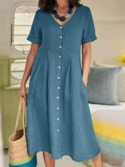 Women's Casual Dress Cotton Linen Dress A Line Dress Maxi Long Dress Cotton Blend Basic Elegant Outdoor Daily Vacation V Neck Button Pocket Short Sleeve Summer Spring Fall 2023 Regular Fit Black -HAYz Clothing Shop kvknyt1654855739080