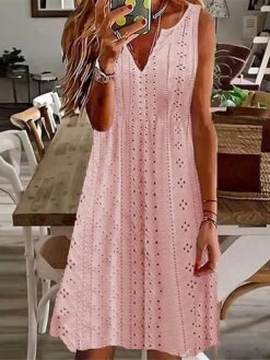 Women's Casual Dress Cotton Linen Dress White Dress Midi Dress Polyester Basic Classic Outdoor Daily Split Neck Eyelet Sleeveless Summer Spring 2023 Regular Fit Black White Pink Plain S M L XL 2XL -HAYz Clothing Shop kvldzd1687233993664