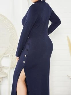 Women's Plus Size Curve Casual Dress Sweater Dress Sheath Dress Plain Midi Dress Long Sleeve Button Split Stand Collar Fashion Daily Black Wine Fall Winter XL XXL 3XL 4XL 5XL -HAYz Clothing Shop kvlufb1694151472702